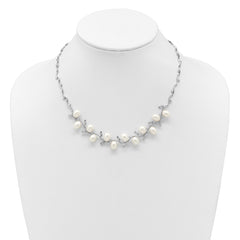 Sterling Silver Rhodium-plated 6-8mm Teardrop White Freshwater Cultured Pearl and CZ Leaf 17 inch Necklace