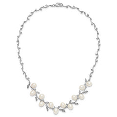 Sterling Silver Rhodium-plated 6-8mm Teardrop White Freshwater Cultured Pearl and CZ Leaf 17 inch Necklace