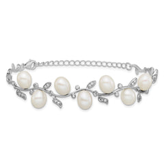 Sterling Silver Rhodium-plated 6-8mm Teardrop White Freshwater Cultured Pearl and CZ Leaf 7 inch with 1 inch Extender Bracelet