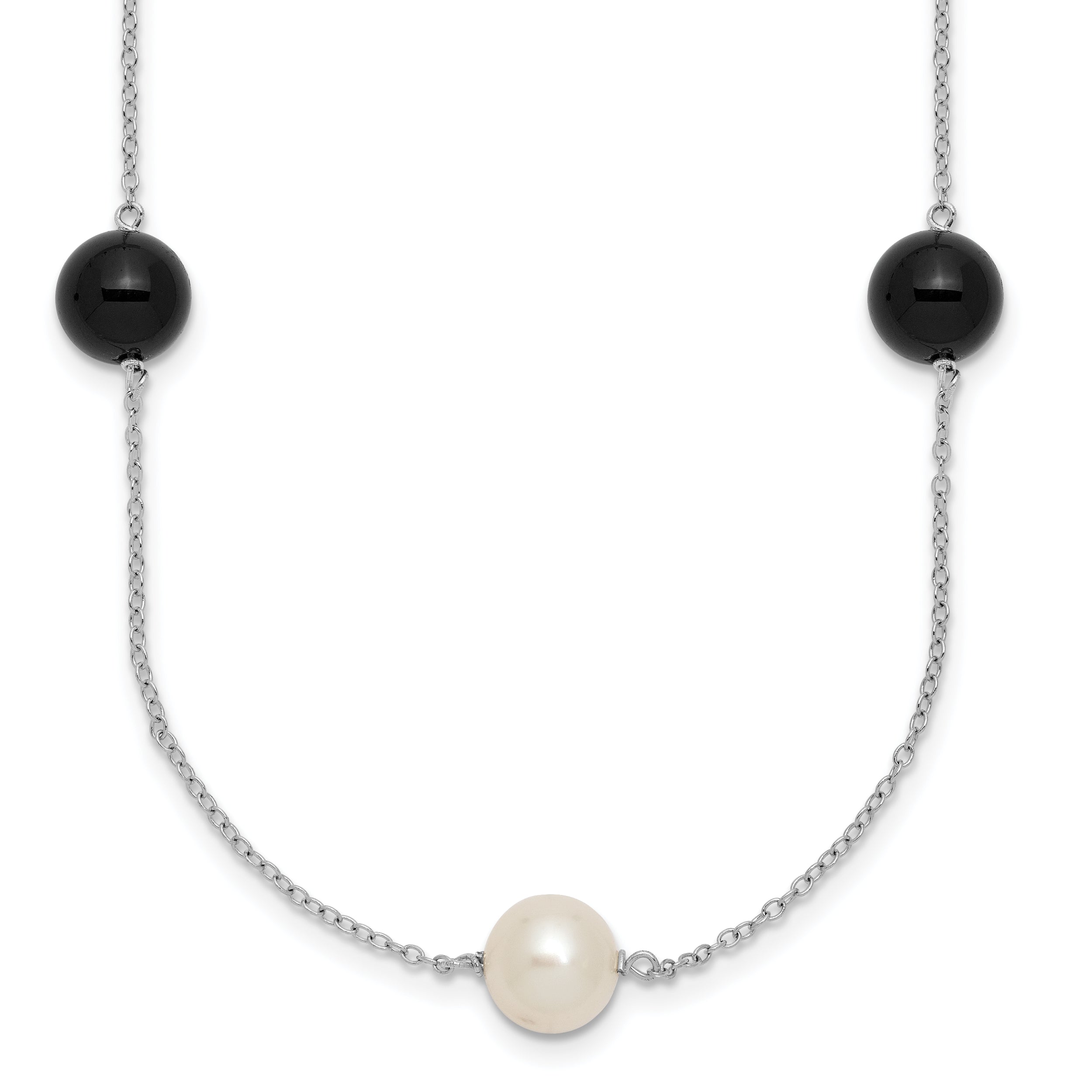 Sterling Silver Rhodium-plated 8-9mm Round White Freshwater Cultured Pearl and Onyx 7-Station 18 inch Necklace