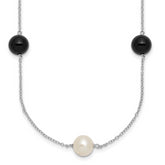 Sterling Silver Rhodium-plated 8-9mm Round White Freshwater Cultured Pearl and Onyx 7-Station 18 inch Necklace