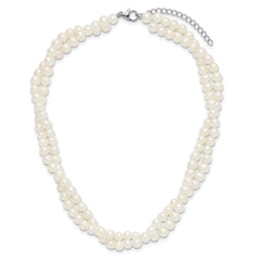 Sterling Silver Rhodium-plated 5-6mm Semi-Round White Freshwater Cultured Pearl 2-Strand 14 inch with 2 inch Extender Choker