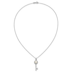 Sterling Silver Rhodium-plated 7-8mm Button White Freshwater Cultured Pearl and CZ Key 17 inch Necklace