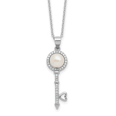 Sterling Silver Rhodium-plated 7-8mm Button White Freshwater Cultured Pearl and CZ Key 17 inch Necklace