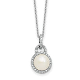 Sterling Silver Rhodium-plated 9-10mm Button White Freshwater Cultured Pearl and CZ Halo 17 inch Necklace