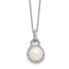 Sterling Silver Rhodium-plated 9-10mm Button White Freshwater Cultured Pearl and CZ Halo 17 inch Necklace