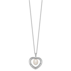 Sterling Silver Rhodium-plated 8-9mm Rice White Freshwater Cultured Pearl and CZ Open Heart 17 inch Necklace