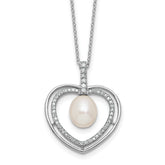 Sterling Silver Rhodium-plated 8-9mm Rice White Freshwater Cultured Pearl and CZ Open Heart 17 inch Necklace