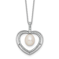 Sterling Silver Rhodium-plated 8-9mm Rice White Freshwater Cultured Pearl and CZ Open Heart 17 inch Necklace