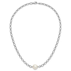 Sterling Silver Rhodium-plated 12-13mm Semi-Round White Freshwater Cultured Pearl Center and Open Link Cable Chain 18 inch Necklace