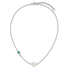 Sterling Silver Rhodium-plated CZ, Compressed Turquoise and White Freshwater Cultured Pearl 16 inch with 2 inch Extension Necklace