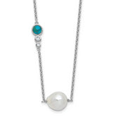 Sterling Silver Rhodium-plated CZ, Compressed Turquoise and White Freshwater Cultured Pearl 16 inch with 2 inch Extension Necklace