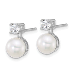 Sterling Silver Rhodium-plated 7-9mm Button White Freshwater Cultured Pearl and CZ 17 inch Necklace and Post Earring Set