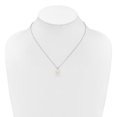 Sterling Silver Rhodium-plated 7-9mm Button White Freshwater Cultured Pearl and CZ 17 inch Necklace and Post Earring Set
