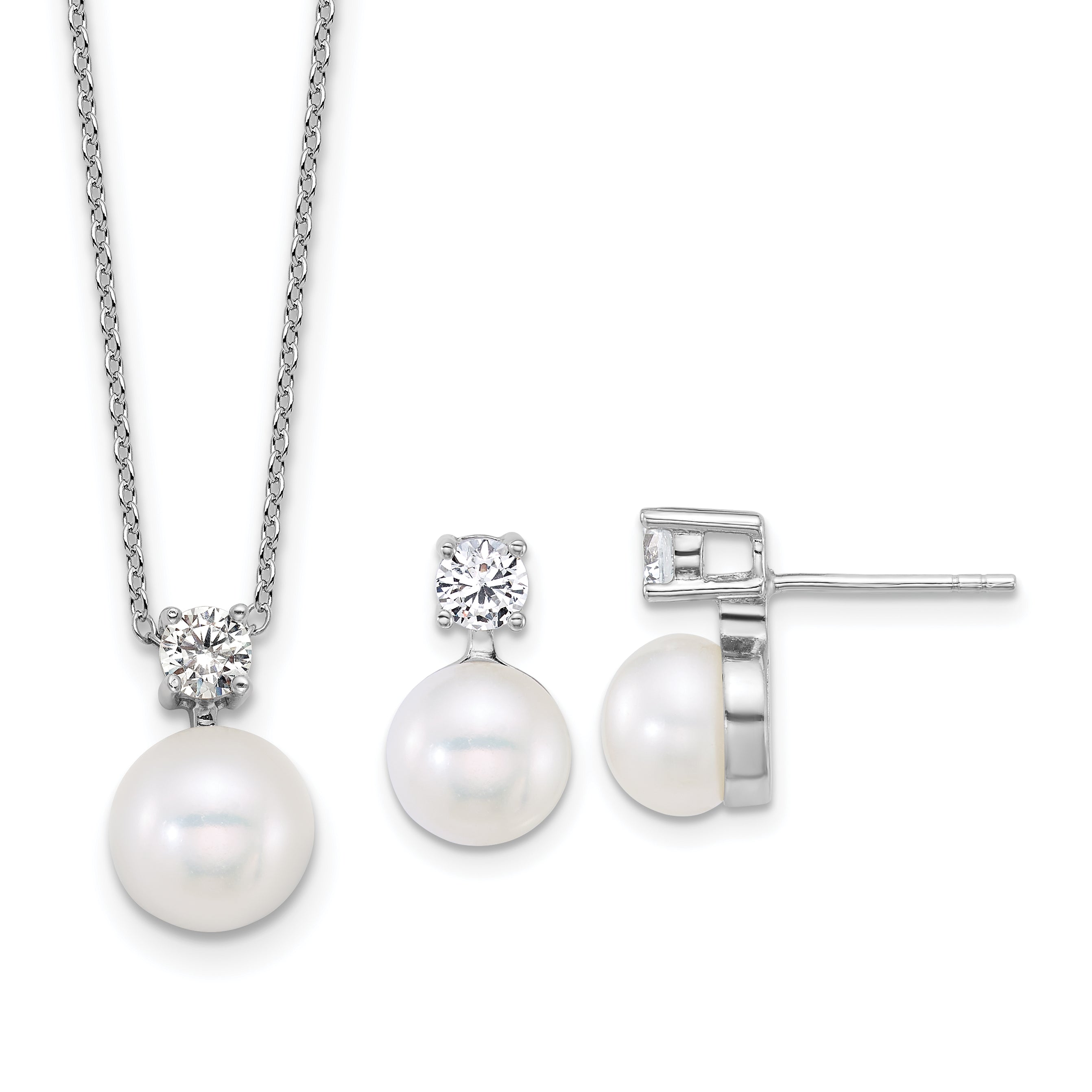 Sterling Silver Rhodium-plated 7-9mm Button White Freshwater Cultured Pearl and CZ 17 inch Necklace and Post Earring Set