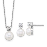 Sterling Silver Rhodium-plated 7-9mm Button White Freshwater Cultured Pearl and CZ 17 inch Necklace and Post Earring Set