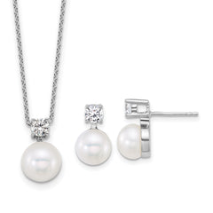 Sterling Silver Rhodium-plated 7-9mm Button White Freshwater Cultured Pearl and CZ 17 inch Necklace and Post Earring Set