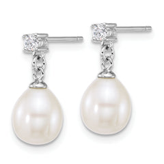 Sterling Silver Rhodium-plated 7-9mm Teardrop White Freshwater Cultured Pearl and CZ 17 inch Necklace and Dangle Post Earring Set