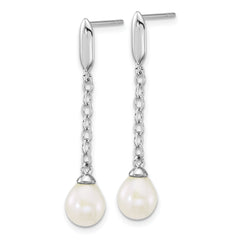 Sterling Silver Rhodium-plated 6-9mm Teardrop White Freshwater Cultured Pearl 16 inch Y-Necklace and Chain Dangle Post Earring Set
