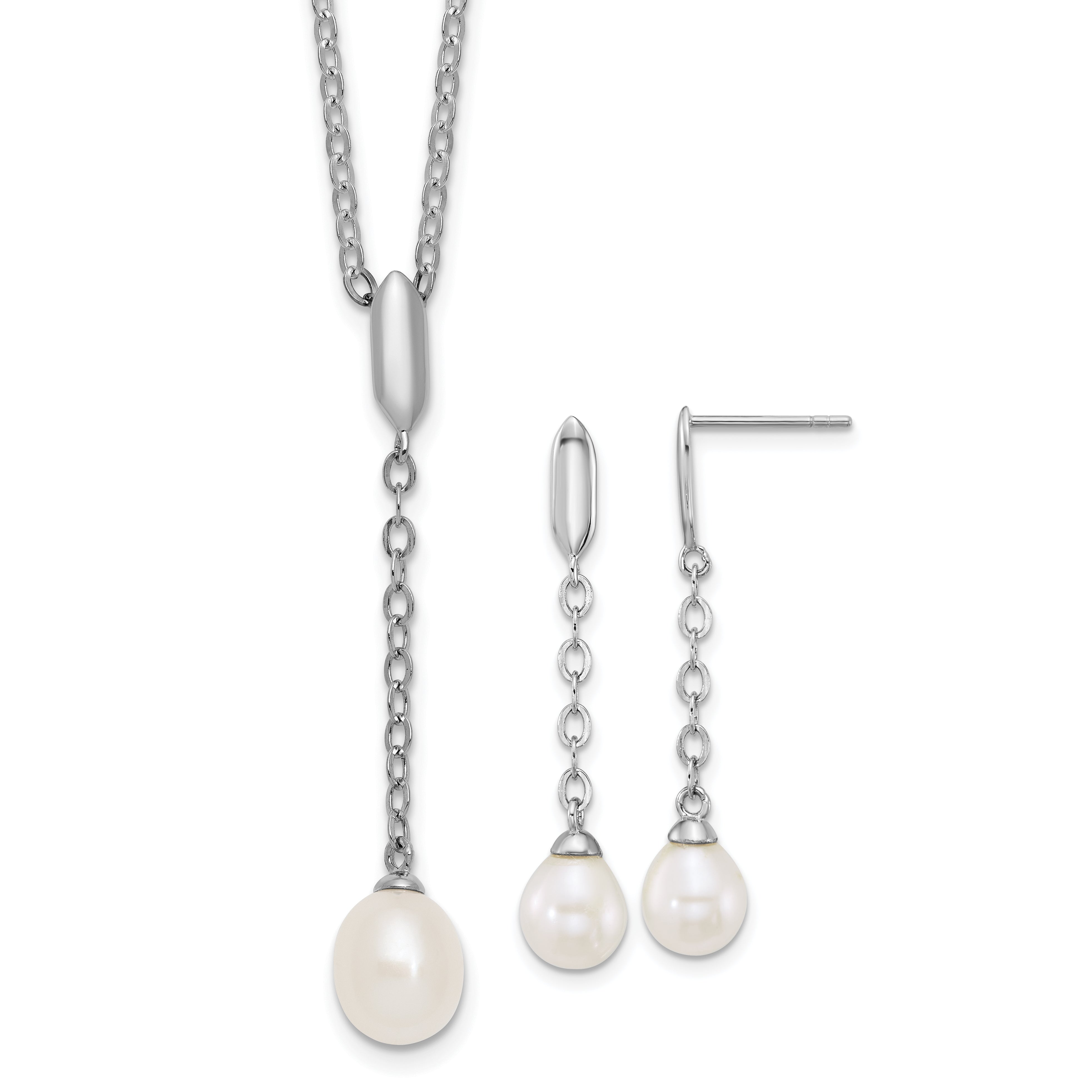 Sterling Silver Rhodium-plated 6-9mm Teardrop White Freshwater Cultured Pearl 16 inch Y-Necklace and Chain Dangle Post Earring Set
