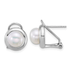 Sterling Silver Rhodium-plated 8-10mm Button White Freshwater Cultured Pearl 17 inch Necklace and Omega Back Earring Set