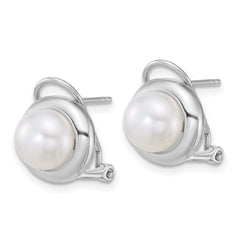 Sterling Silver Rhodium-plated 8-10mm Button White Freshwater Cultured Pearl 17 inch Necklace and Omega Back Earring Set