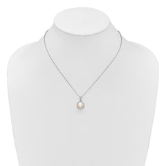 Sterling Silver Rhodium-plated 8-10mm Button White Freshwater Cultured Pearl 17 inch Necklace and Omega Back Earring Set