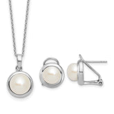 Sterling Silver Rhodium-plated 8-10mm Button White Freshwater Cultured Pearl 17 inch Necklace and Omega Back Earring Set