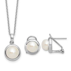Sterling Silver Rhodium-plated 8-10mm Button White Freshwater Cultured Pearl 17 inch Necklace and Omega Back Earring Set