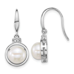 Sterling Silver Rhodium-plated 8-10mm Button White Freshwater Cultured Pearl and CZ 17 inch Necklace and Dangle Shepherd Hook Earring Set