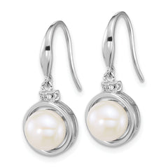 Sterling Silver Rhodium-plated 8-10mm Button White Freshwater Cultured Pearl and CZ 17 inch Necklace and Dangle Shepherd Hook Earring Set