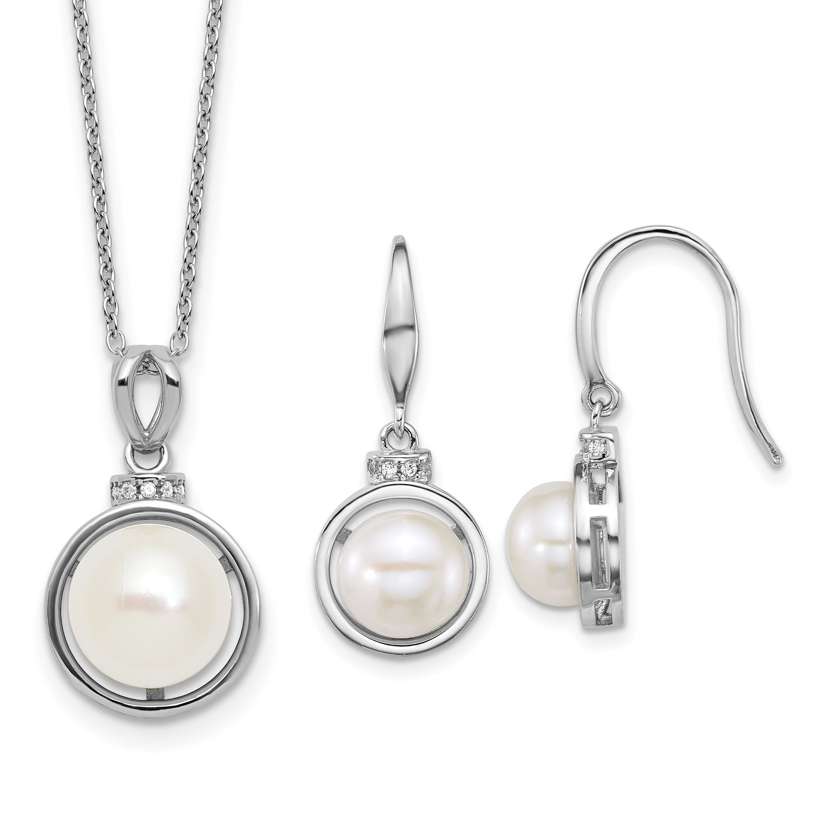 Sterling Silver Rhodium-plated 8-10mm Button White Freshwater Cultured Pearl and CZ 17 inch Necklace and Dangle Shepherd Hook Earring Set