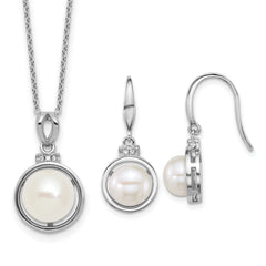 Sterling Silver Rhodium-plated 8-10mm Button White Freshwater Cultured Pearl and CZ 17 inch Necklace and Dangle Shepherd Hook Earring Set