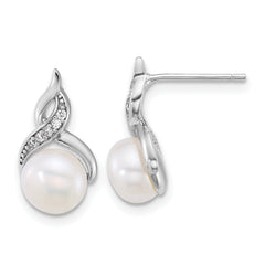 Sterling Silver Rhodium-plated 7-9mm Button White Freshwater Cultured Pearl and CZ 17 inch Necklace and Post Earring Set