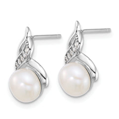 Sterling Silver Rhodium-plated 7-9mm Button White Freshwater Cultured Pearl and CZ 17 inch Necklace and Post Earring Set