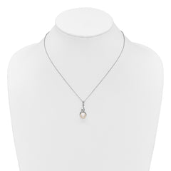 Sterling Silver Rhodium-plated 7-9mm Button White Freshwater Cultured Pearl and CZ 17 inch Necklace and Post Earring Set