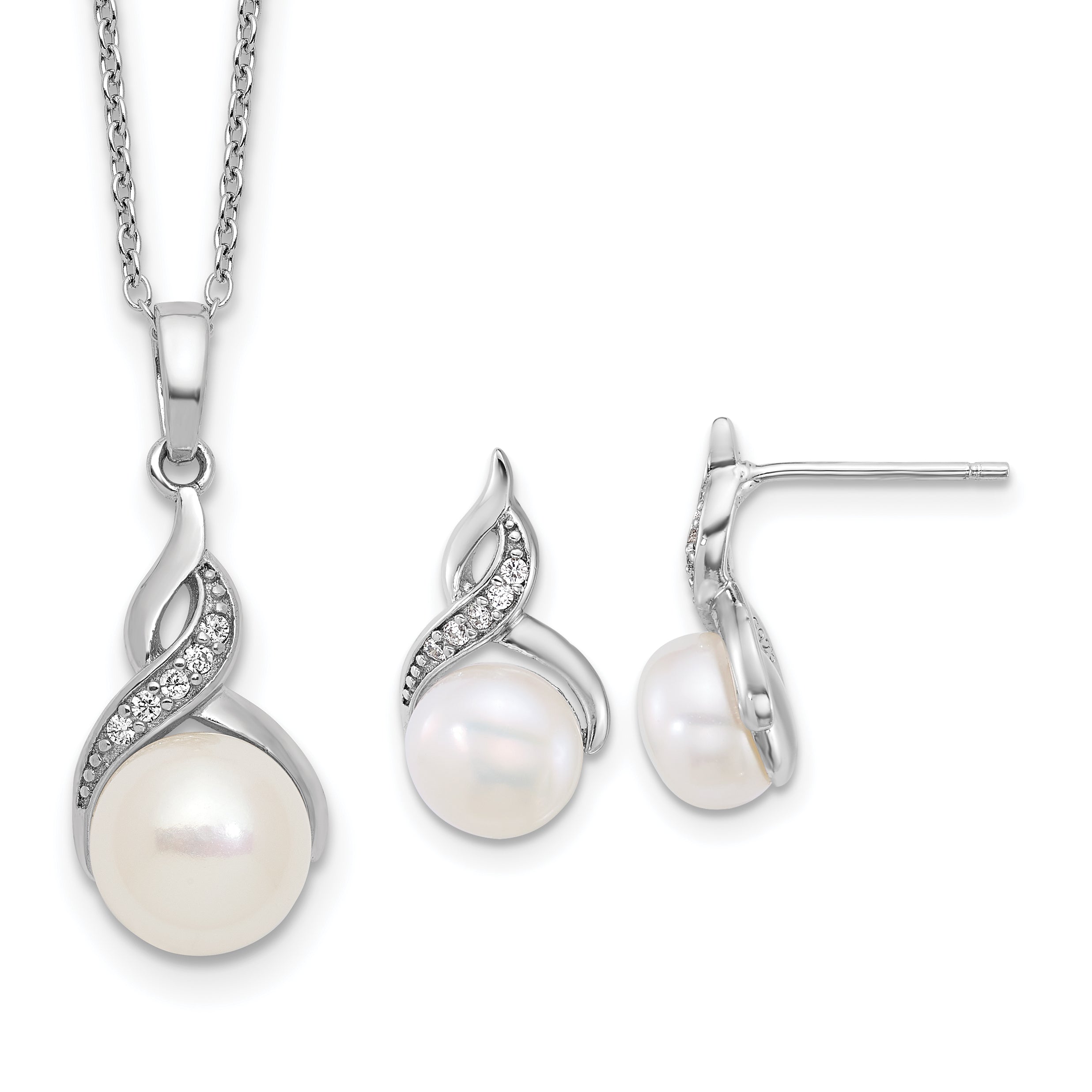 Sterling Silver Rhodium-plated 7-9mm Button White Freshwater Cultured Pearl and CZ 17 inch Necklace and Post Earring Set