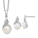 Sterling Silver Rhodium-plated 7-9mm Button White Freshwater Cultured Pearl and CZ 17 inch Necklace and Post Earring Set