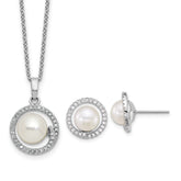 Sterling Silver Rhodium-plated 7-9mm Button White Freshwater Cultured Pearl and CZ Halo 17 inch Necklace and Post Earring Set