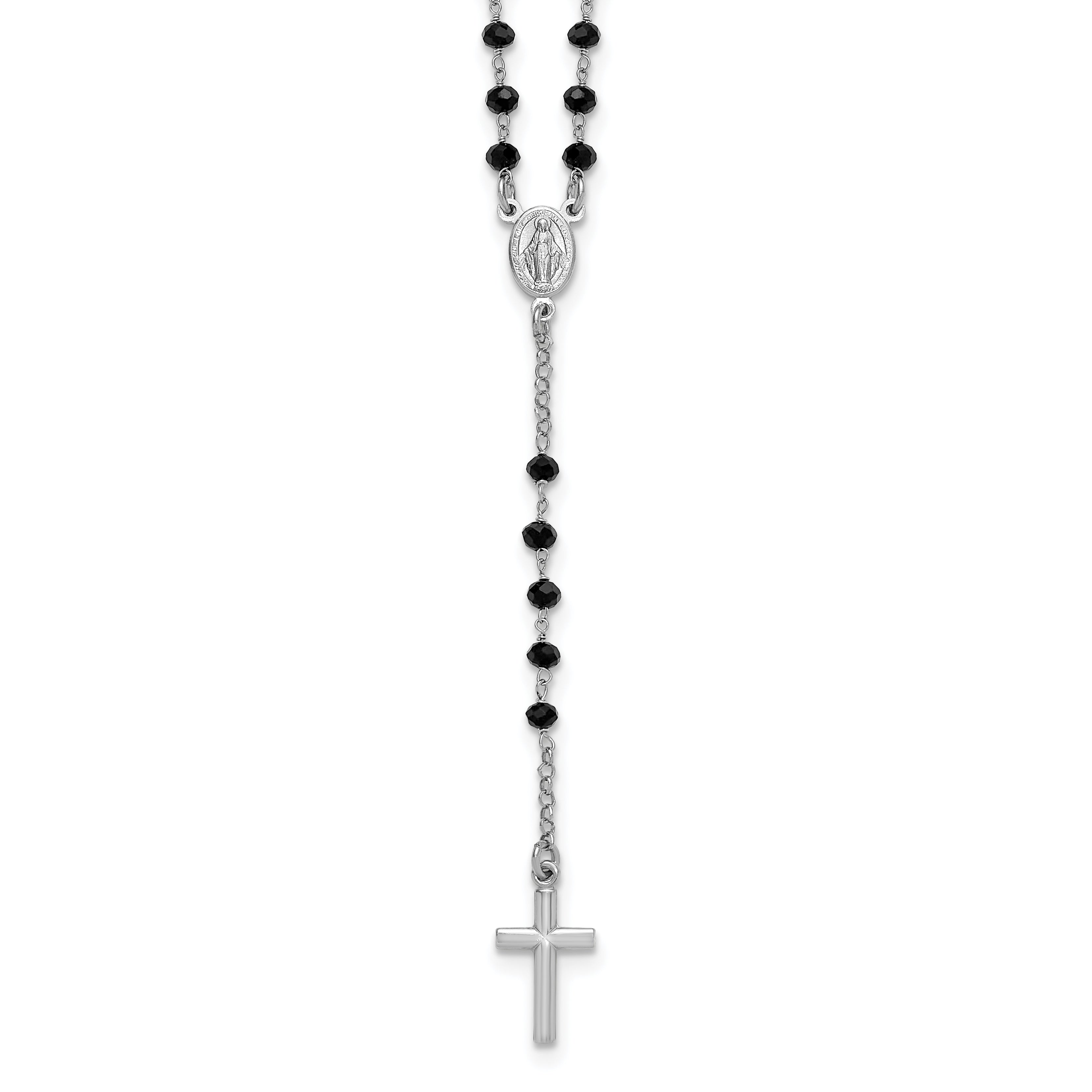 Sterling Silver Rhodium-plated Black Crystal 18.5 inch with 1 inch extender Rosary Necklace