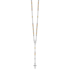 Sterling Silver Rhodium-plated Diamond-cut Tri-color Gold-plated 18.5 inch with 1 inch extender Rosary Necklace