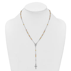 Sterling Silver Rhodium-plated Diamond-cut Tri-color Gold-plated 18.5 inch with 1 inch extender Rosary Necklace