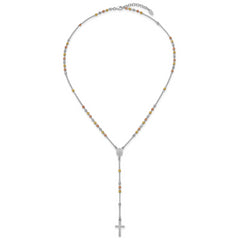 Sterling Silver Rhodium-plated Diamond-cut Tri-color Gold-plated 18.5 inch with 1 inch extender Rosary Necklace