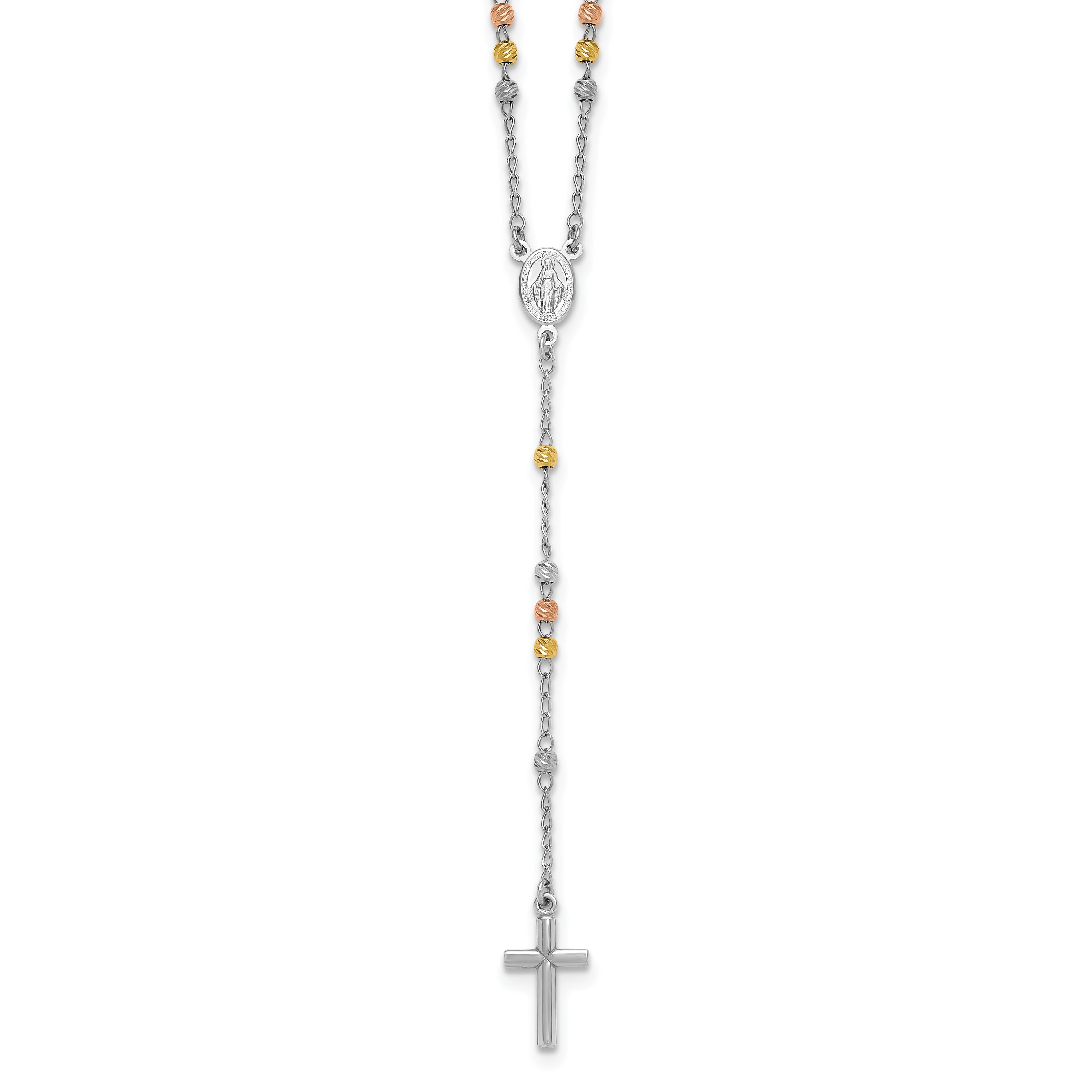 Sterling Silver Rhodium-plated Diamond-cut Tri-color Gold-plated 18.5 inch with 1 inch extender Rosary Necklace