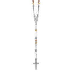 Sterling Silver Rhodium-plated Diamond-cut Tri-color Gold-plated 18.5 inch with 1 inch extender Rosary Necklace