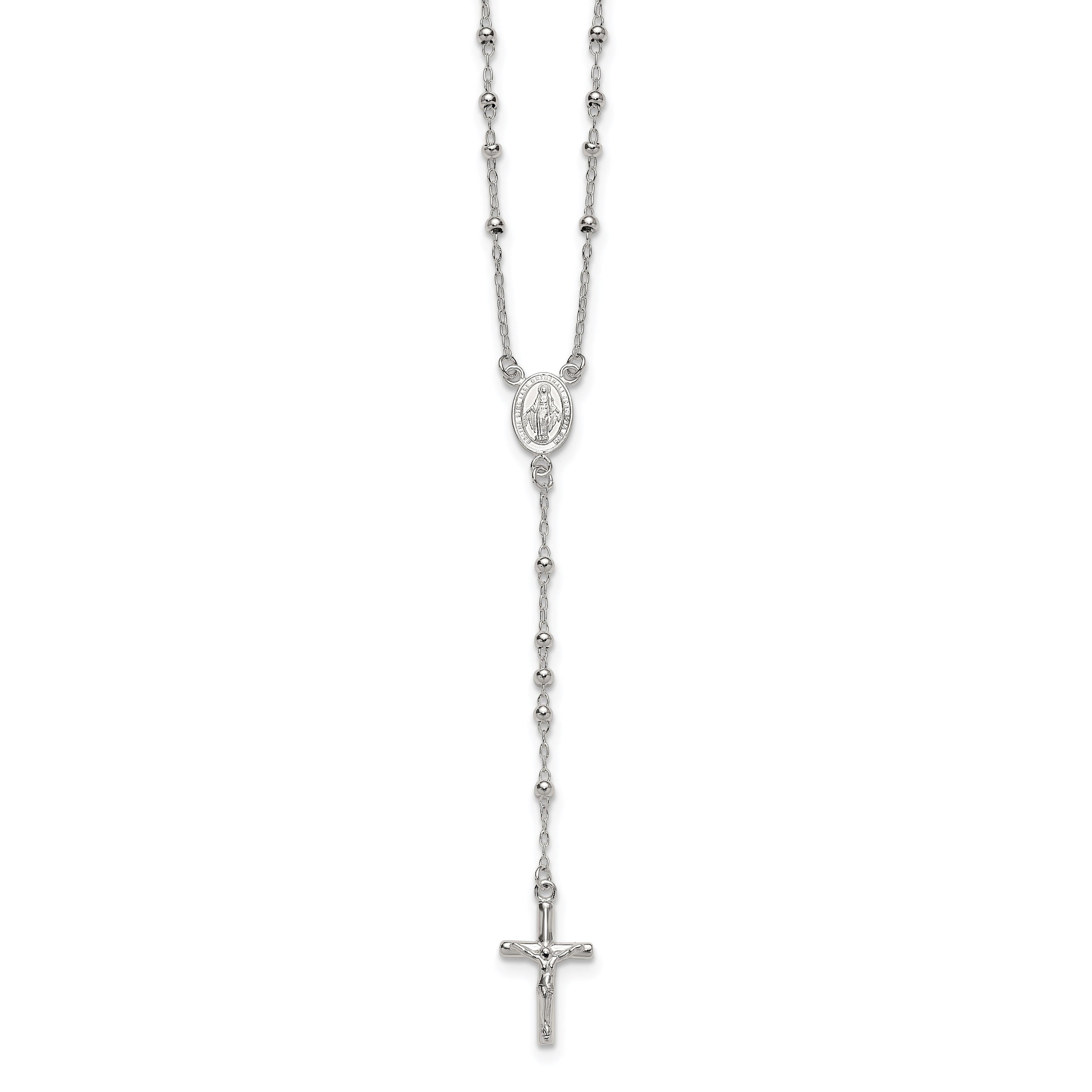 Sterling Silver Polished and Beaded Rosary 24 inch Necklace