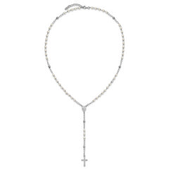 Sterling Silver Rhodium-plated Plastic Imitation Pearl 19.75 inch with 1 inch extender Rosary Necklace