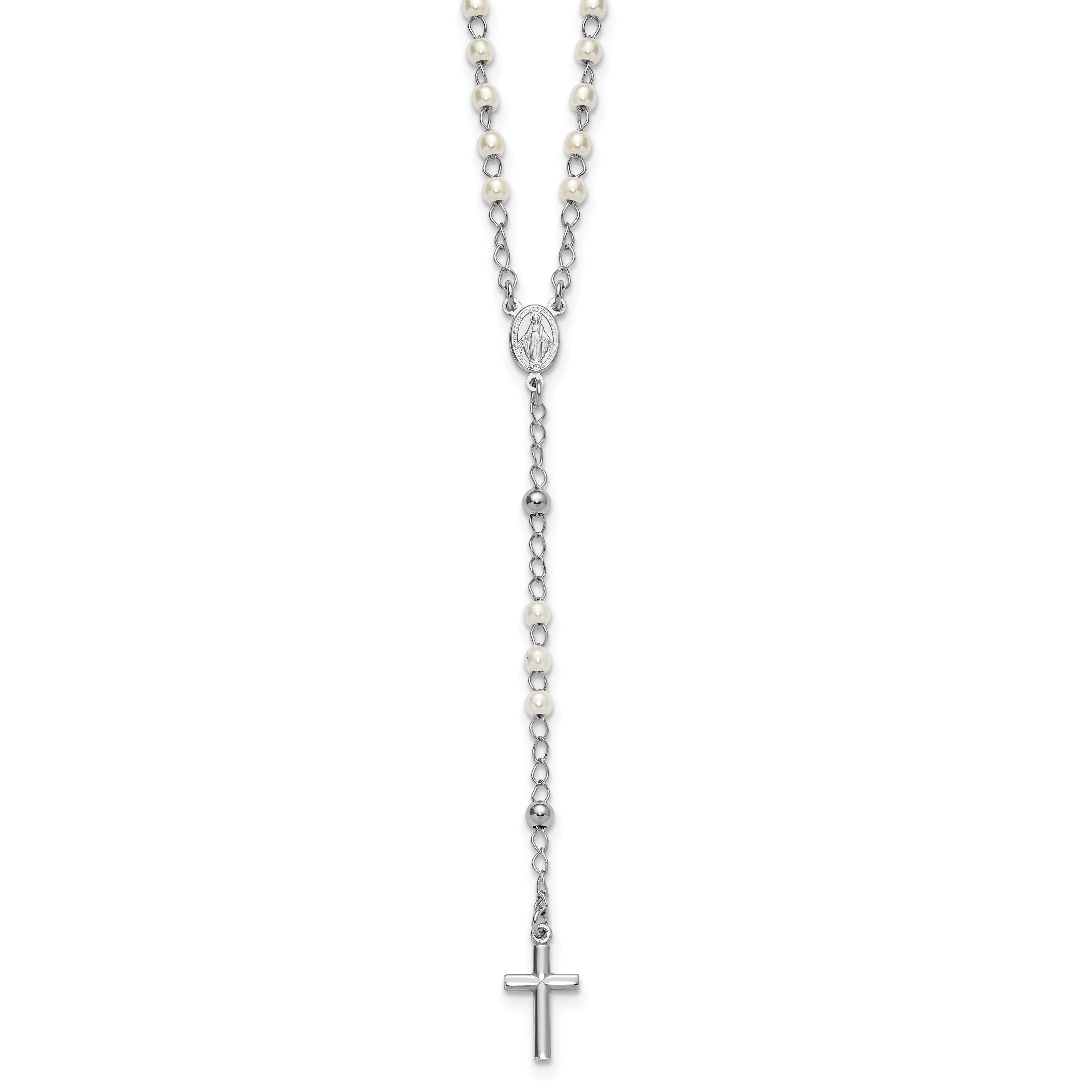 Sterling Silver Rhodium-plated Plastic Imitation Pearl 19.75 inch with 1 inch extender Rosary Necklace