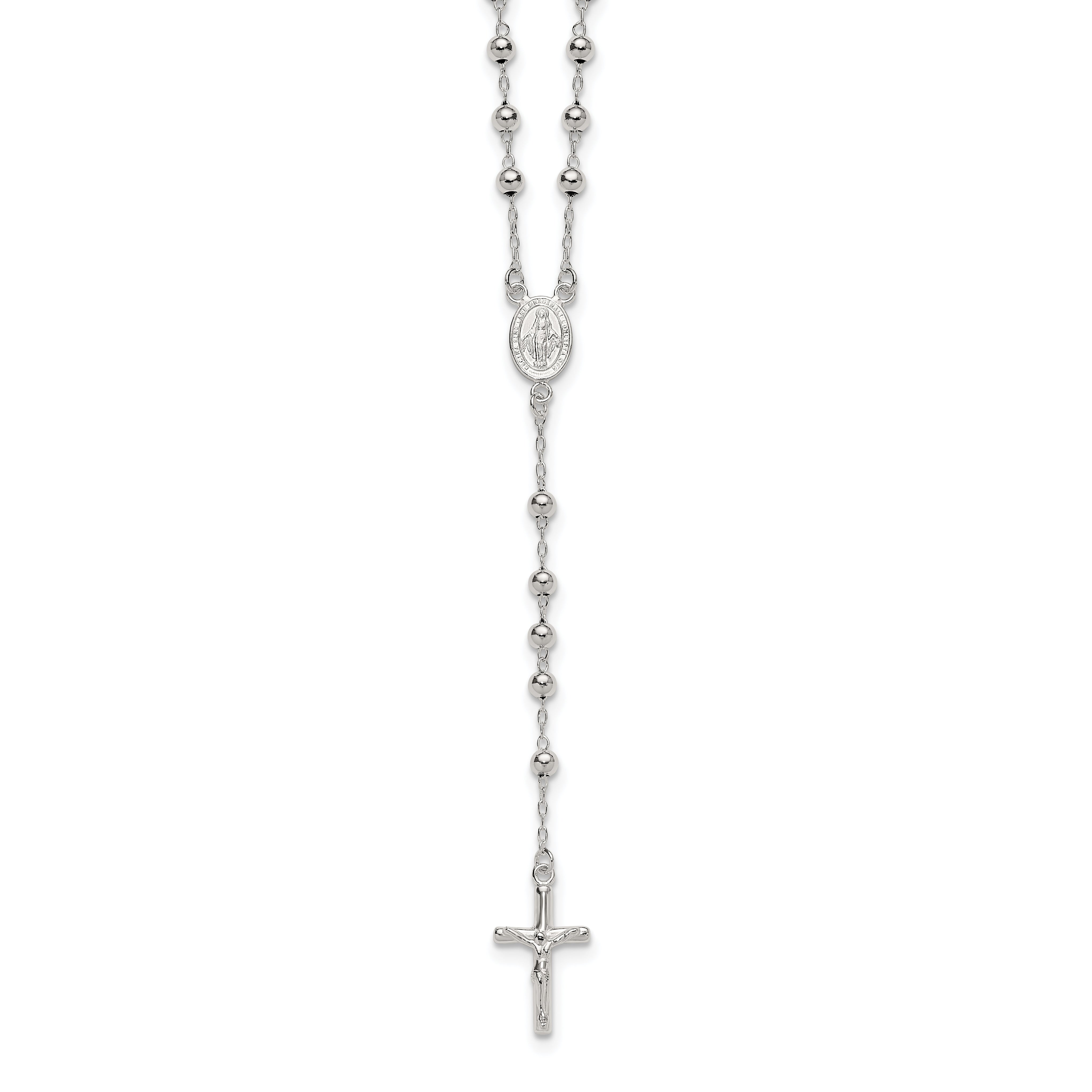 Sterling Silver Polished and Beaded Rosary 24 inch Necklace