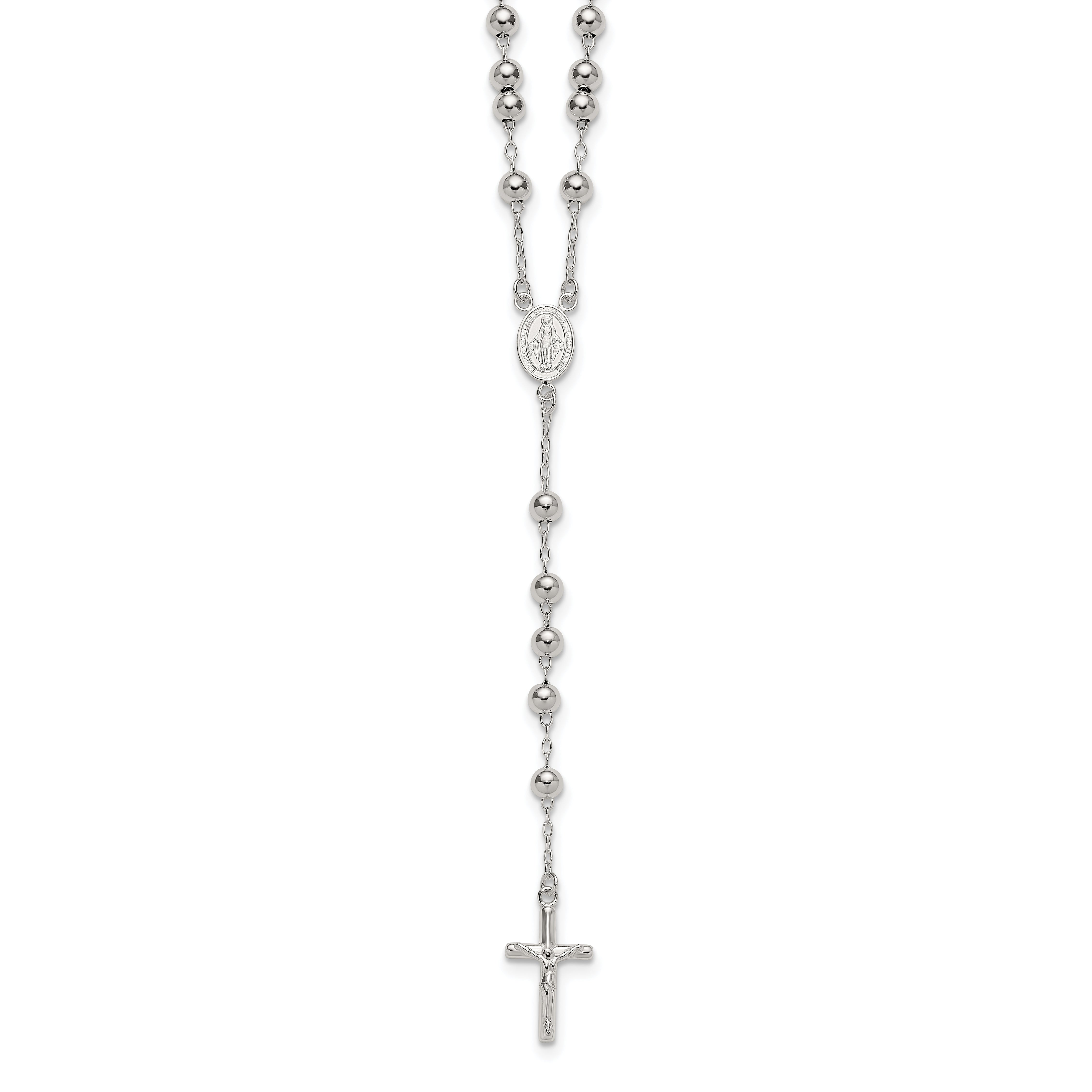 Sterling Silver Polished and Beaded Rosary 24 inch Necklace